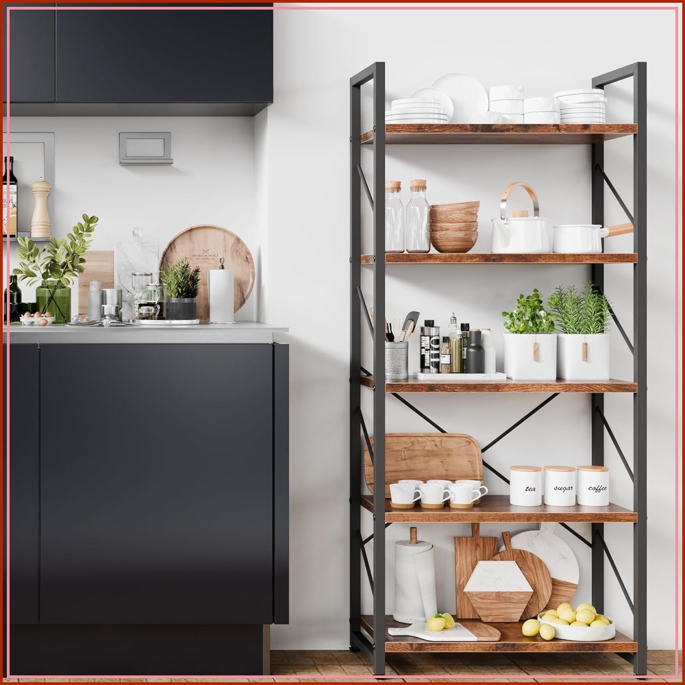 Home Office Living Room - 5-Tier Bookshelf, Tall Industrial Book Rack,