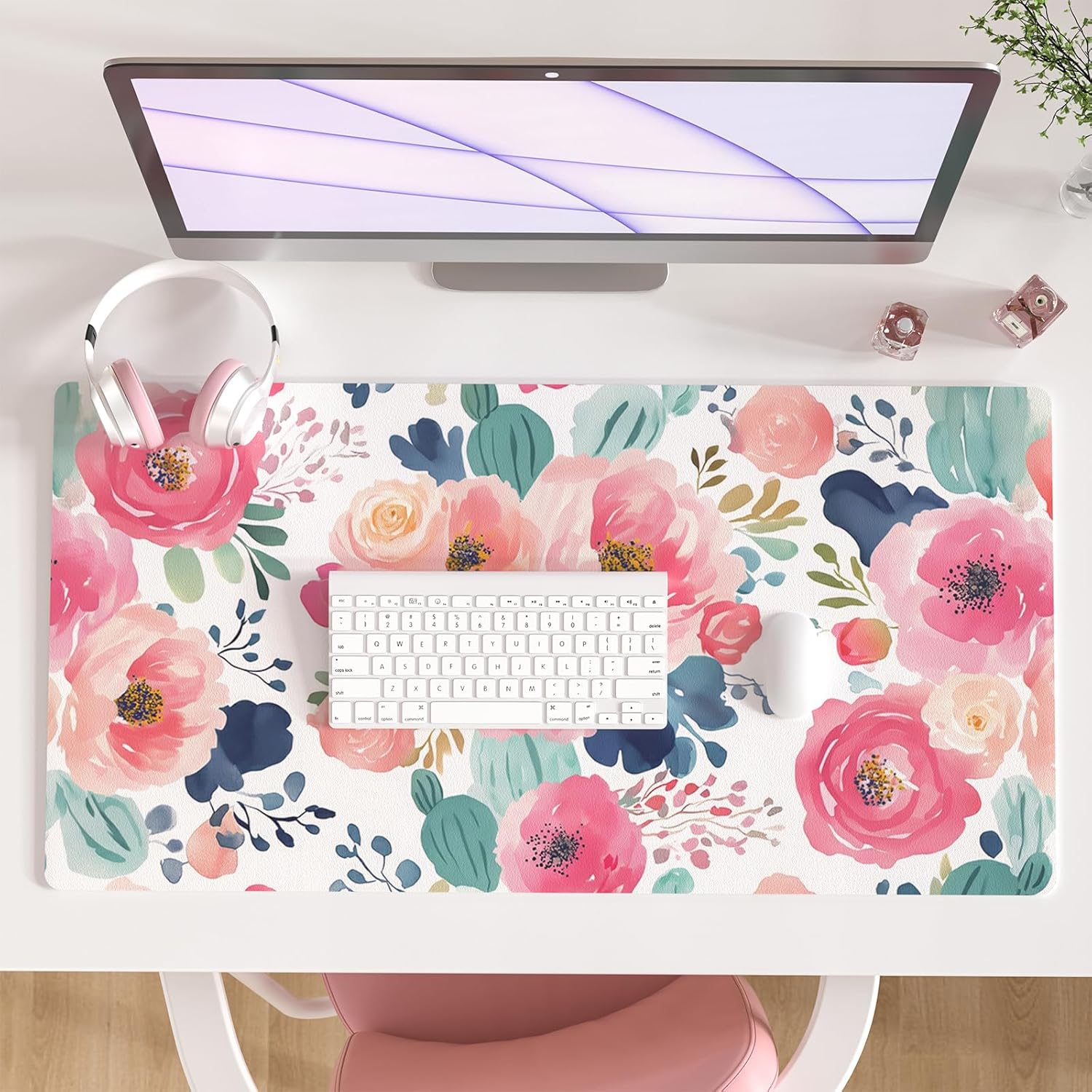 Desk Mat Leather - Large Mouse Pad Pink Floral Desk