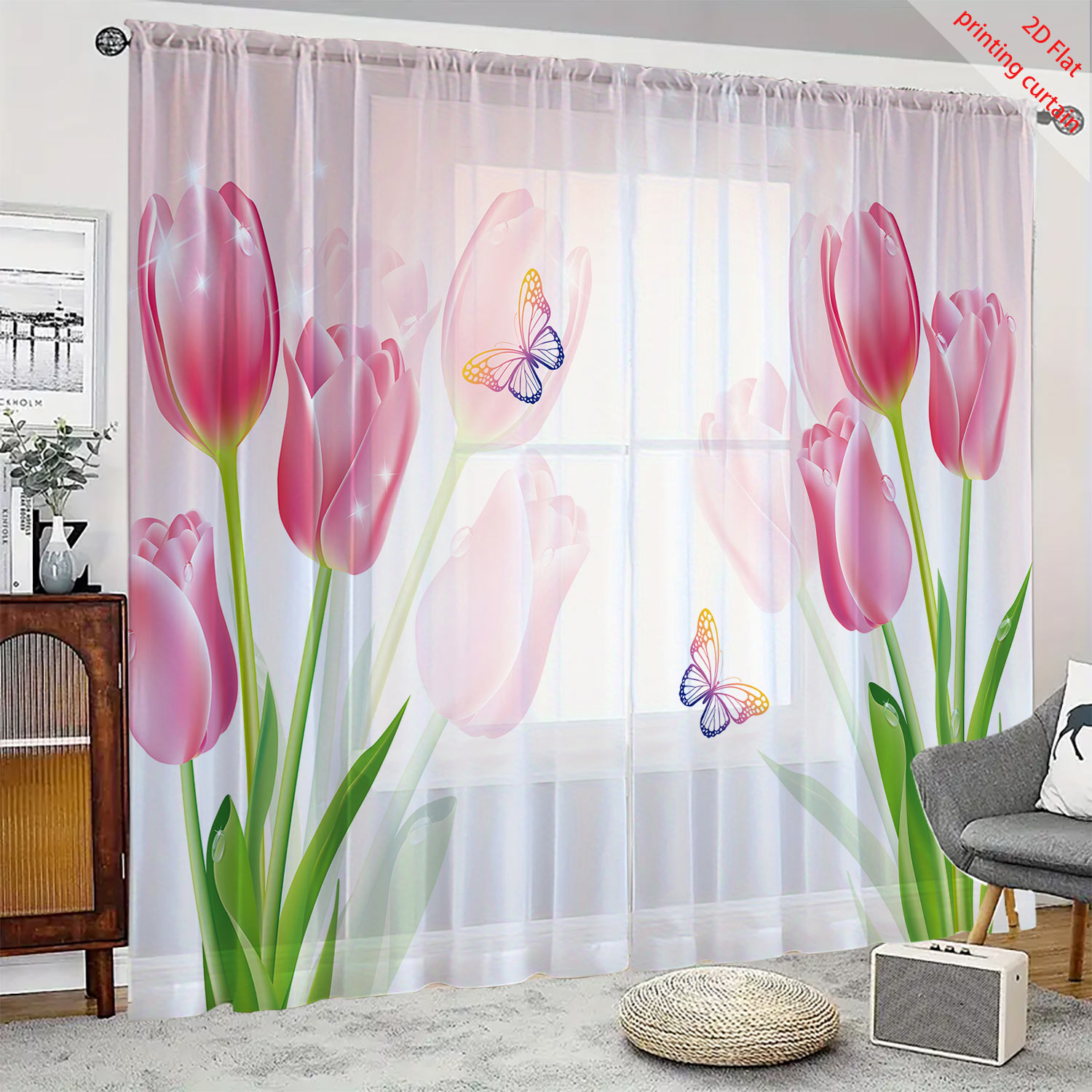Pink tulip print transparent g - Home Office Windows avaliação e preço