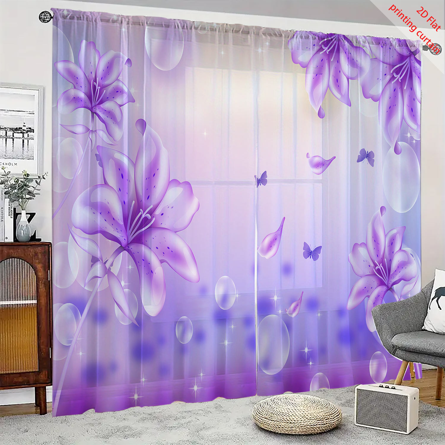 Purple Flower Printed Transpar - Home Office Windows avaliação e preço