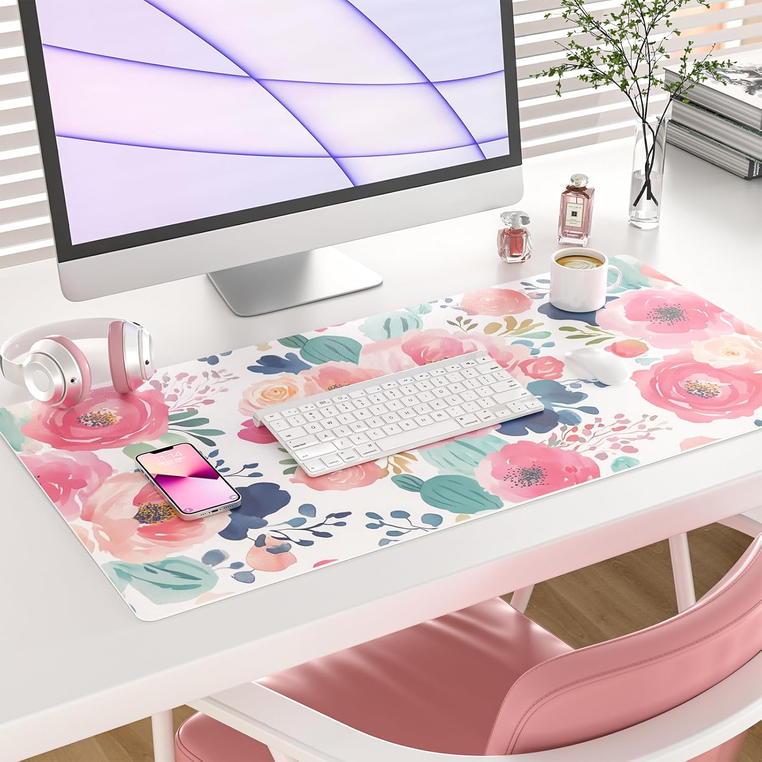Large Mouse Pad Pink Floral De - Desk Mat Leather avaliação e preço